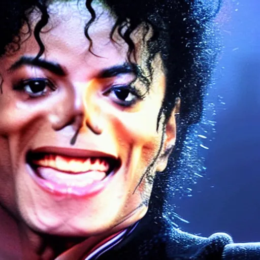 Prompt: close - up award - winning hyperdetailed photograph of 5 0 year old thin!!!! michael jackson smiling on stage at his concert, spotlights and flashing colors behind him, massive crowd, stunning lighting, studio quality, 4 k, this is it, vevo 2 0 0 9