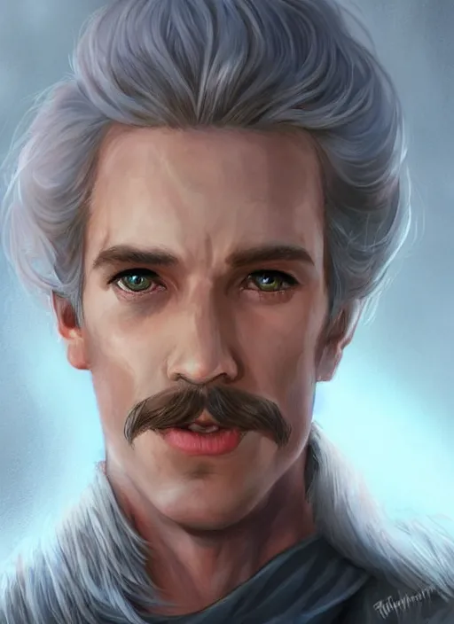 Image similar to tristan fulcher livedoce young man with short white fringe white hair and moustache, dndbeyond, bright, colourful, realistic, dnd character portrait, full body, pathfinder, pinterest, art by ralph horsley, dnd, rpg, lotr game design fanart by concept art, behance hd, artstation, deviantart, hdr render in unreal engine 5