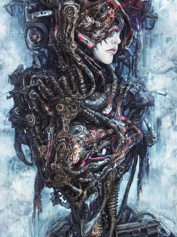 Image similar to portrait art of 8k ultra realistic undead eldritch horror ghost in the shell , detailed intricate ornate armour,decaying, cybernetic, full of colour, cinematic lighting, battered, trending on artstation, 4k, hyperrealistic, focused, extreme details,unreal engine 5, cinematic, masterpiece, art by ayami kojima, giger