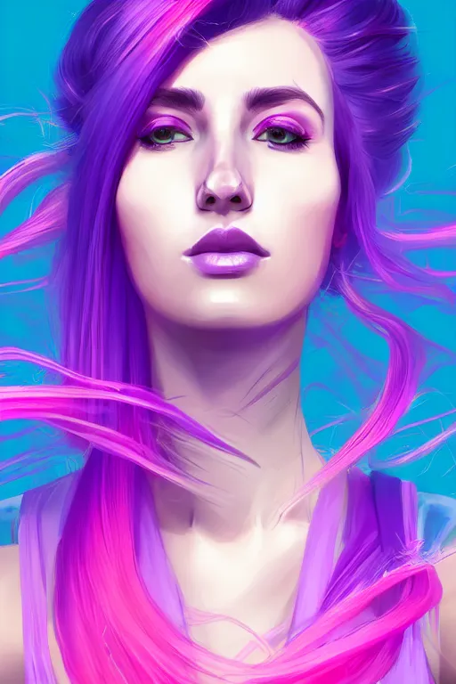 Image similar to a award winning half body porttrait of a beautiful woman in a croptop with ombre purple pink teal hairstyle with head in motion and hair flying, outrun, vaporware, shaded illustration, digital art, trending on artstation, highly detailed, fine detail, intricate