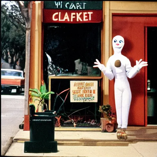 Image similar to 1976 color archival photo of a woman and a puppet that looks like Caspar the Friendly Ghost, in a sidewalk cafe, 16mm film soft color, earth tones and soft color 1976, archival footage, in style of doris wishman russ meyer, woman looks like gilda radner