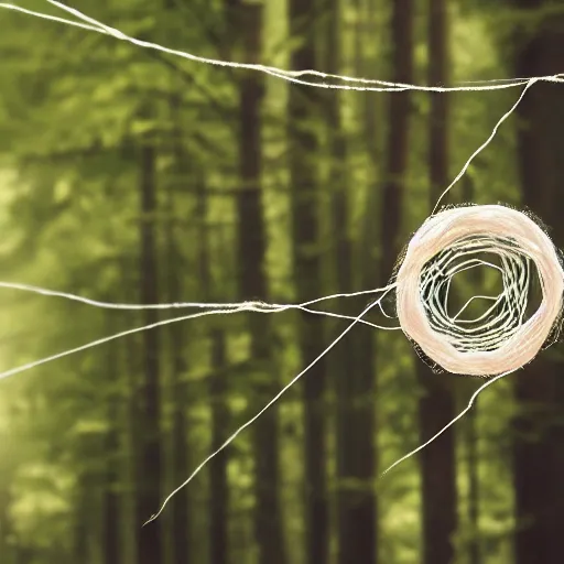 Prompt: a female made out of string surrounded by forest cinematic, 8 k, depth of field, bokeh.