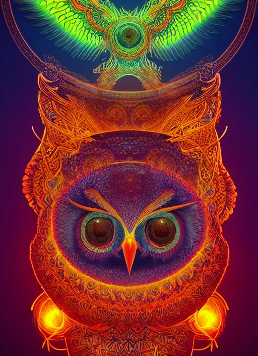 Image similar to symmetry!! product render poster vivid colors divine proportion owl, 神 圣, glowing fog intricate, elegant, highly detailed, digital painting, artstation, concept art, smooth, sharp focus, illustration,