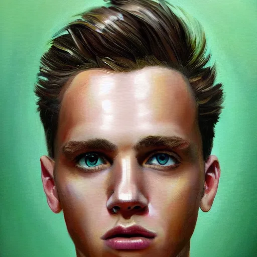 Image similar to A beautiful painting of a young man, blonde, wearing a suit, oil painting, green eyes, gloomy lighting, hyper detailed, trending on artstation