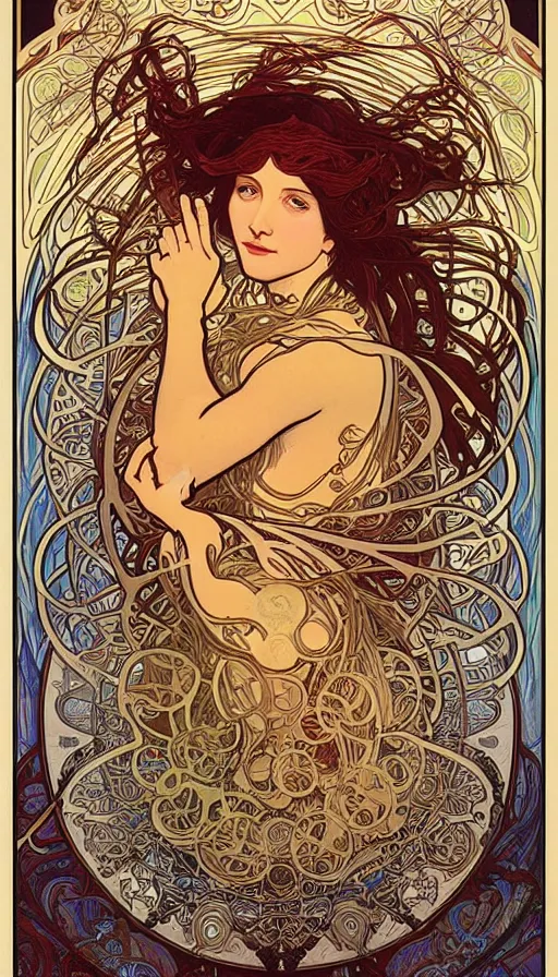 Image similar to The oracle of the dreaming, alphonse mucha, da vinci, Dan Mumford, Josan Gonzalez