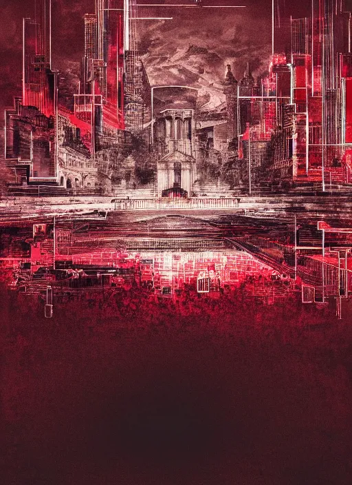 Image similar to dark design poster showing a majestic roman city, black background with very subtle red and purple design elements, powerful, nekro, vito acconci, thin straight lines, dark, glitch art, neo vaporwave, gritty, layout frame, square, trending on artstation