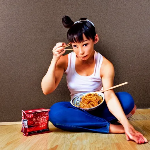 Image similar to Award winning photograph of Chun Li sitting on the floor eating ramen noodles