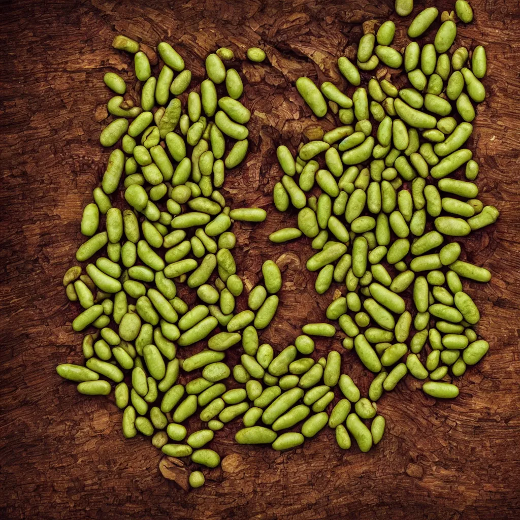 Prompt: large fractal soy beans, with leaves and roots, over vivid dark wood table, geometrical, metaphysical. food photography. super detailed. masterpiece