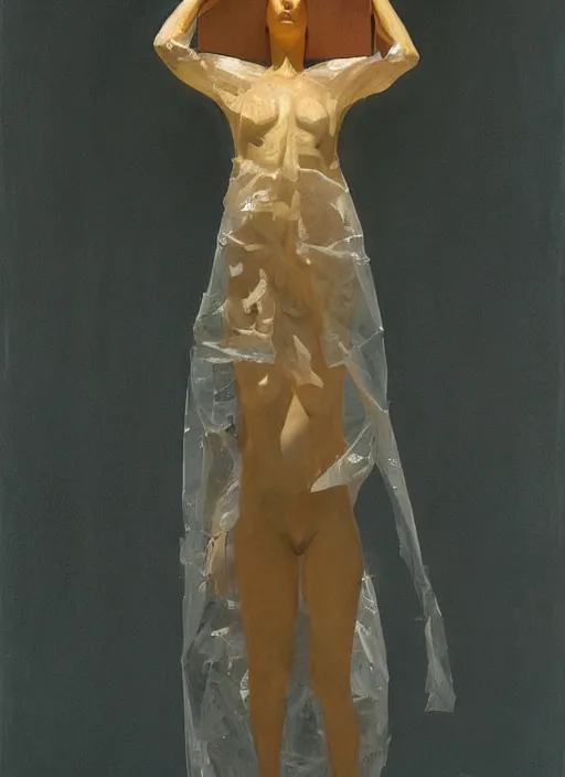 Image similar to woman in a translucent clothing made from plastic bag with paper bags for clothes standing inside paper bags with paper bag over the head at store display Edward Hopper and James Gilleard, Zdzislaw Beksinski, highly detailed