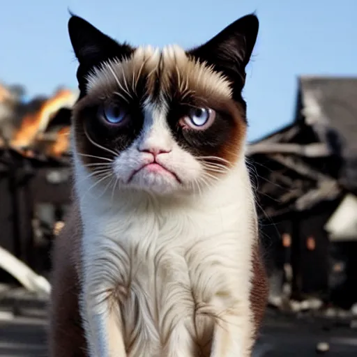 Prompt: <photo hd attention-grabbing>grumpy cat looks into the camera knowingly as a house burns in the background - inspired by disaster girl</photo>