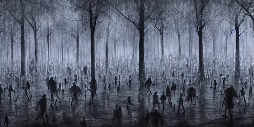 Image similar to a forest of weeping ghosts, carnival, playground, sad, dark, melancholy, night, rain, extremely, wide angle, super highly detailed, professional digital painting, artstation, concept art, smooth, sharp focus, no blur, no dof, extreme illustration, Unreal Engine 5, Photorealism, HD quality, 8k resolution, cinema 4d, 3D, beautiful, cinematic, art by artgerm and greg rutkowski and alphonse mucha and loish and WLOP