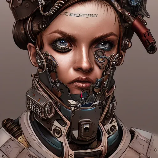 Image similar to lineart, colour, cyborg, portrait, steampunk, hyperdetailed, artstation