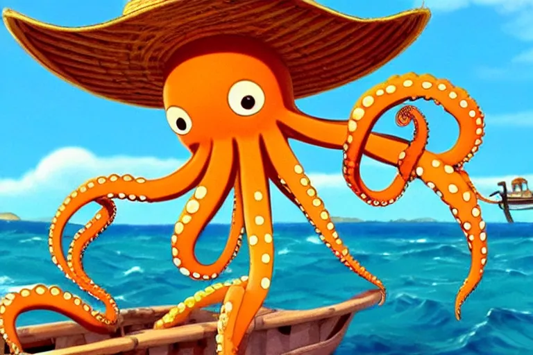 Prompt: wholesome animation key shot of a cute octopus on a fishing boat wearing a sunhat. by studio ghibli, pixar, and disney animation, sharp render