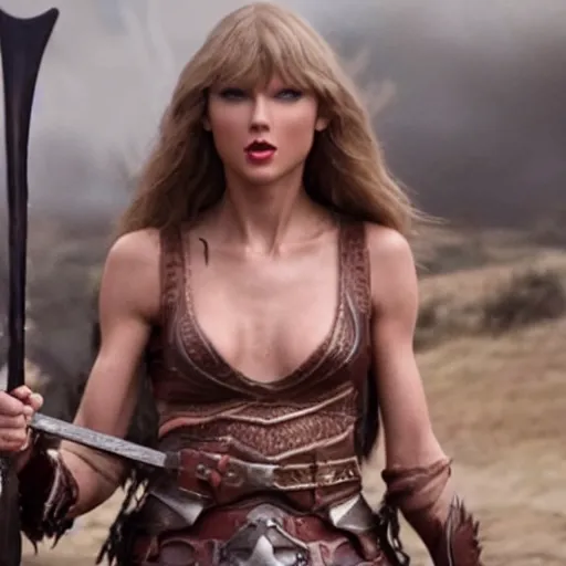 Image similar to a film still of conan the barbarian remake 2023 staring taylor swift as conan 4k