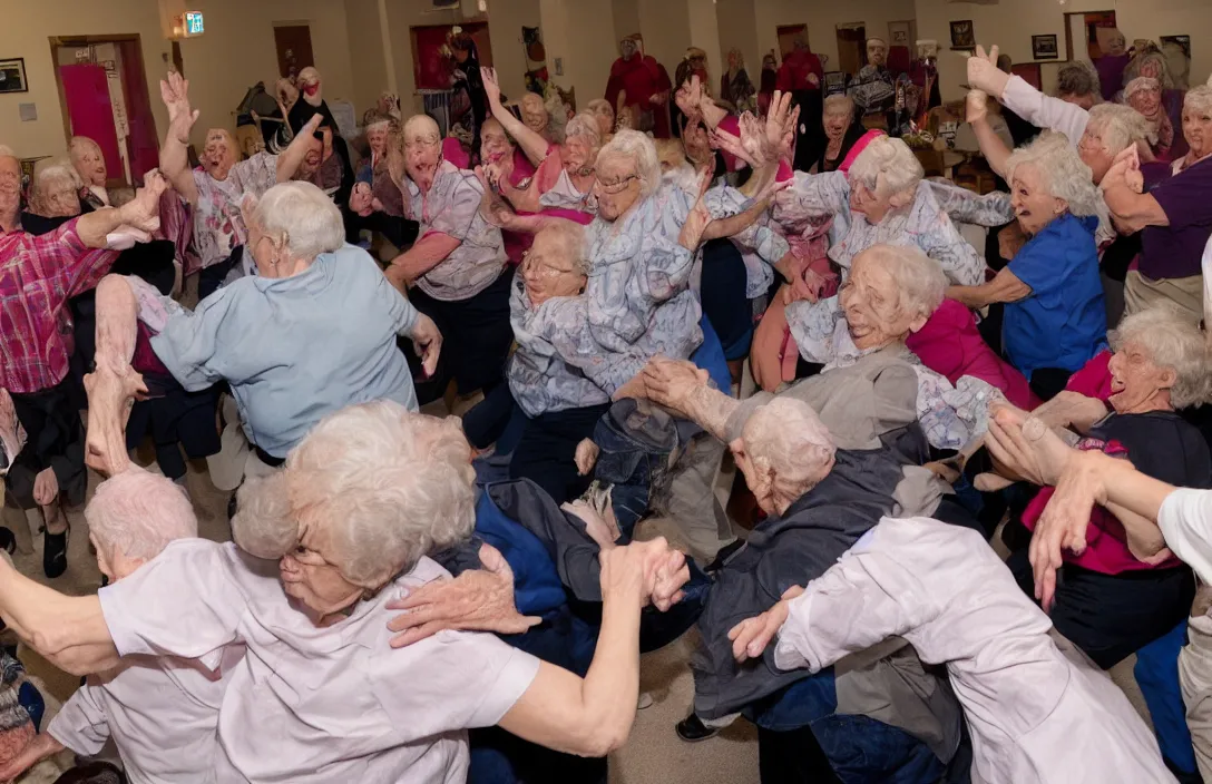 Prompt: a mosh pit at a nursing home with flashing lights