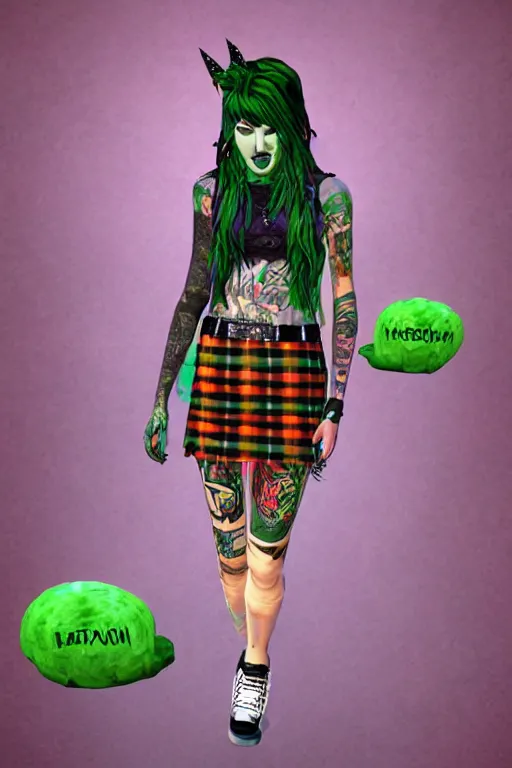 Image similar to portrait of hannah murray as a punk woman with green mohawk, neotraditional tattoos, fishnets, long tartan skirt as delirium of the endless, the sandman, rainbow clothes, second life avatar, the sims 4