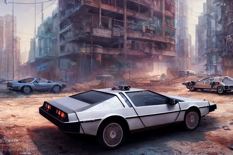 Prompt: highly detailed photorealistic rendering of a delorean parked on the streets of a cyberpunk abandoned city, driver side gullwing door is open, futuristic post - apocalyptic vibe, by greg rutkowski and stanley artgerm and alphonse mucha, octane, sharp focus, hyperrealistic, unreal engine 5, vray, masterpiece