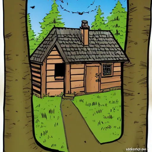 Image similar to a illustration of a Eerie cabin in the middle of the woods in the style of Stan lee comic book