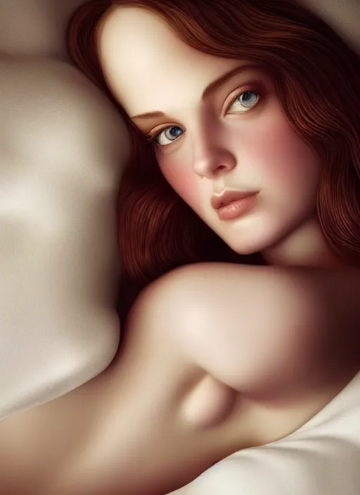 Image similar to young woman beautiful face : : white peignoir : : lie in bed at night : : weta disney pixar movie still photo : : decadent highly - detailed digital painting, very soft light, full length shot, golden ratio, octane render, artstation, smooth, sharp focus, artgerm, mucha, loish, wlop, gogo