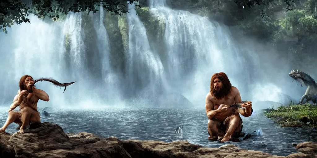 Prompt: A lone Neanderthal eating a fish in a vast prehistoric landscape with waterfalls, 8k historical concept art, intricate detail, trending on artstation