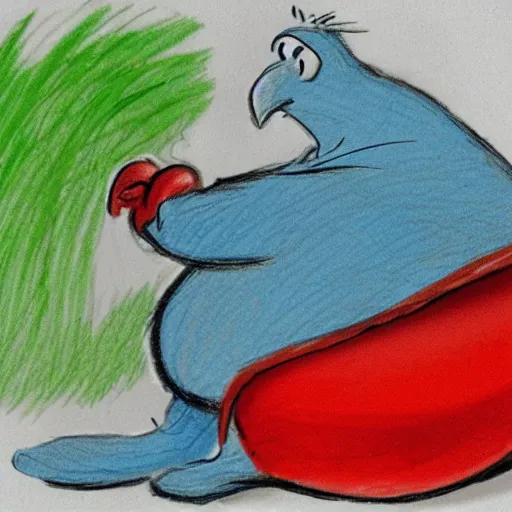 Prompt: funny fat bird resting under mushroom by milt kahl, cartoon pencil sketch