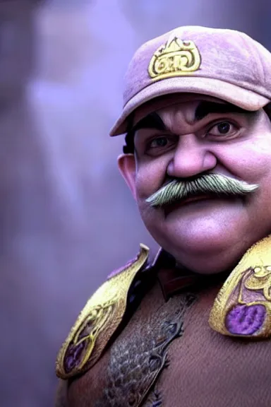 Image similar to very very intricate photorealistic photo of wario wearing his hat in an episode of game of thrones, photo is in focus with detailed atmospheric lighting, award - winning details