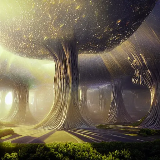 Prompt: cyber tectonic organic mystical megastructure luminous crystal architectures in the sky like the tree of life, by albert bierstadt, by glen small, by giovanni battista piranesi, photorealistic, god rays, octane render, depth of field, volumetric light, volumetric fog, holy spirit, jazz, flow, harmony, groove, peace, love