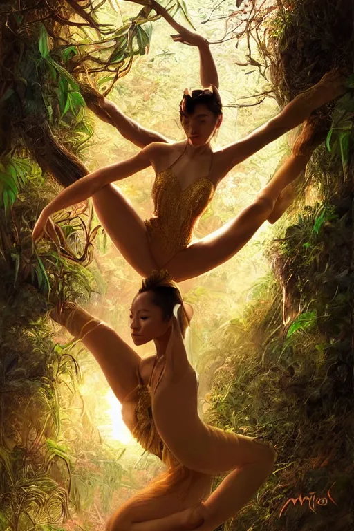 Prompt: stunningly beautiful, filipina prima ballerina in jungle, symmetrical face, golden hour, smooth, focus, highly detailed, hyper realistic, dramatic lighting, elegant, intricate, concept art, art by wlop, mars ravelo, greg rutowski, artstation