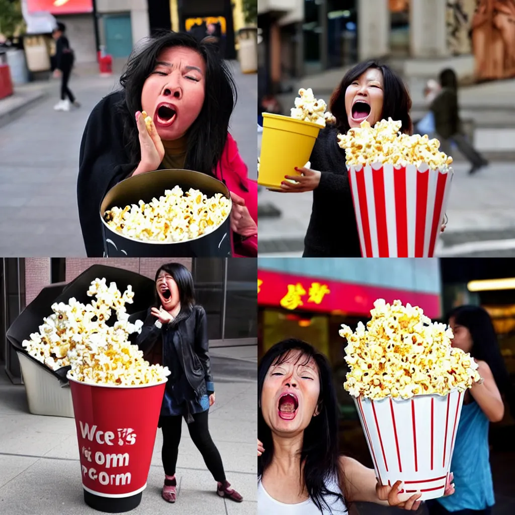 Prompt: an Asian woman screams in front of a cinema with a bucket filled with popcorn which is way bigger than her