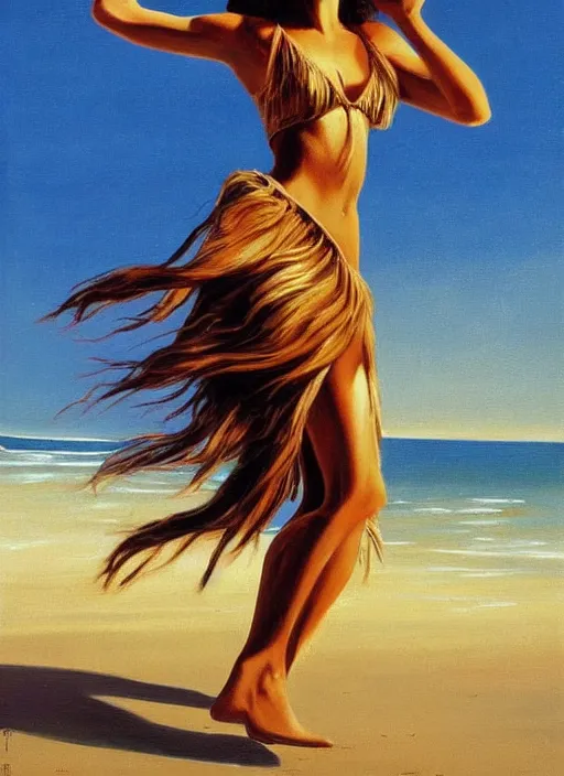 Prompt: painting of a girl with long brown hair dancing alone on a tropical beach. highly detailed, dramatic lighting, intense shadows, rich deep colours, by jack vettriano