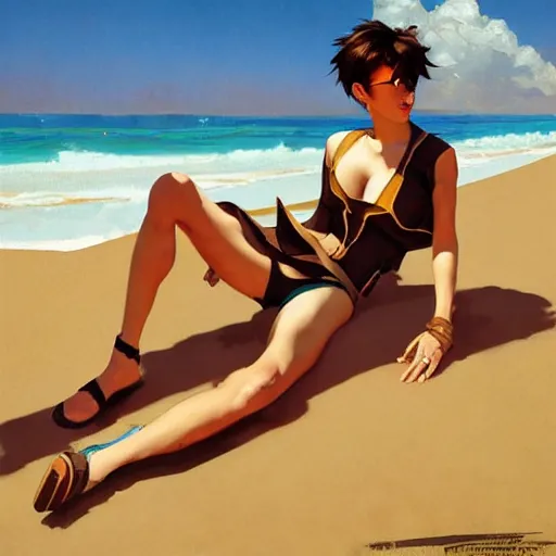 Image similar to greg manchess painting of tracer wearing a knight armor in a beach, medium shot, organic painting, sunny day, bold shapes, hard edges, street art, trending on artstation, by huang guangjian and gil elvgren and sachin teng and artgerm and greg rutkowski and alphonse mucha