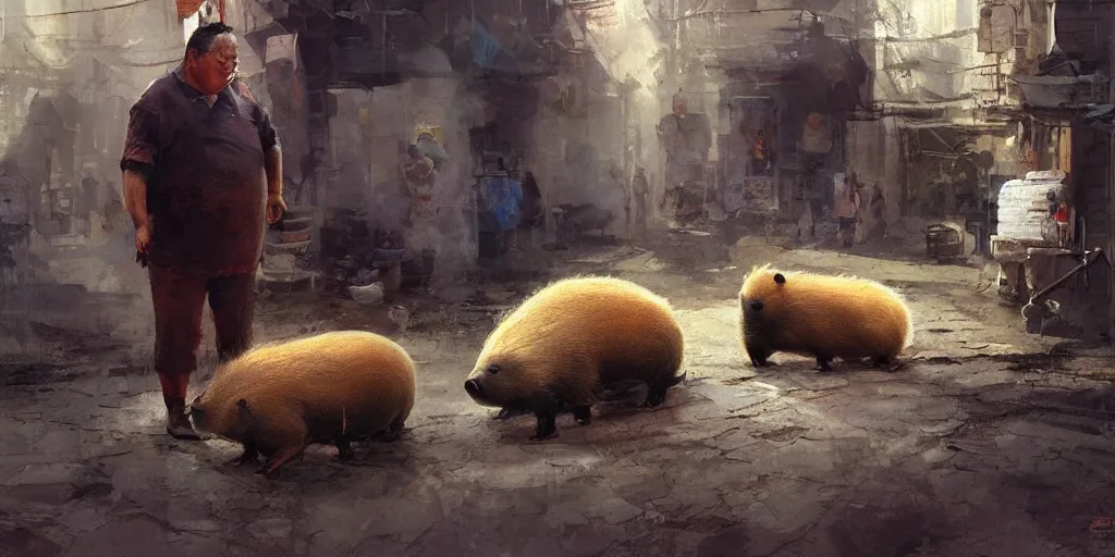 Prompt: TA fat Chinese man preparing a capybara for lunch, as if it were a pig , artwork by Craig Mullins,Movie poster, detailed, trending on artstation