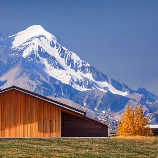 Image similar to architecture photo modern fachwerk wooden school with Elbrus mountain on the background, architecture, photorealism 8k , shining and happy atmosphere, uplight, high details