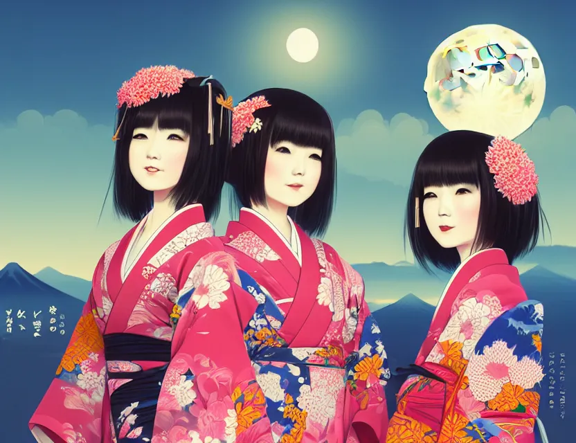 Image similar to two beautiful charming japan girls wear arty kimono in festival | | sunny night, full moon, dreamlike art, realistic shaded, smile, good looking, hyper details, 4 k realistic, cryengine, realistic shaded lighting poster by ilya kuvshinov, fuji choko, ross tran, 8 k resolution, trending on artstation, luxury