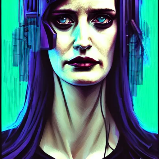 Image similar to portrait painting of a cyberpunk road warrior eva green, sharp focus, award - winning, trending on artstation, masterpiece, highly detailed, intricate. art by josan gonzales and moebius and deathburger