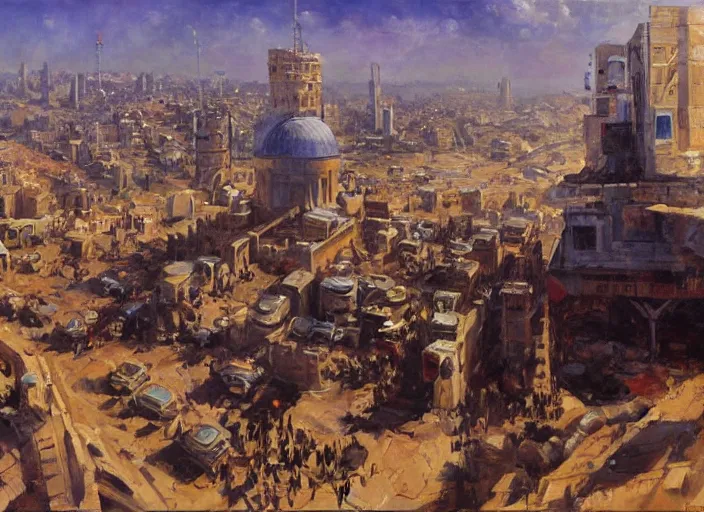 Image similar to a highly detailed beautiful portrait of jerusalem under attack by aliens, by gregory manchess, james gurney, james jean