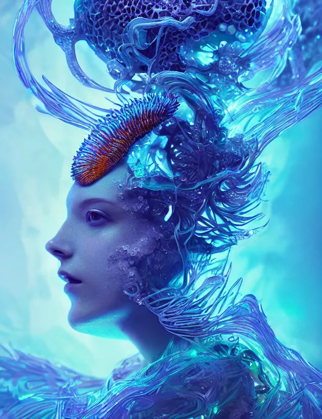 Image similar to goddess macro close - up portrait in crown made of ram skull. betta fish, jellyfish phoenix, bioluminiscent, plasma, ice, water, wind, creature, super intricate ornaments artwork by tooth wu and wlop and beeple and greg rutkowski