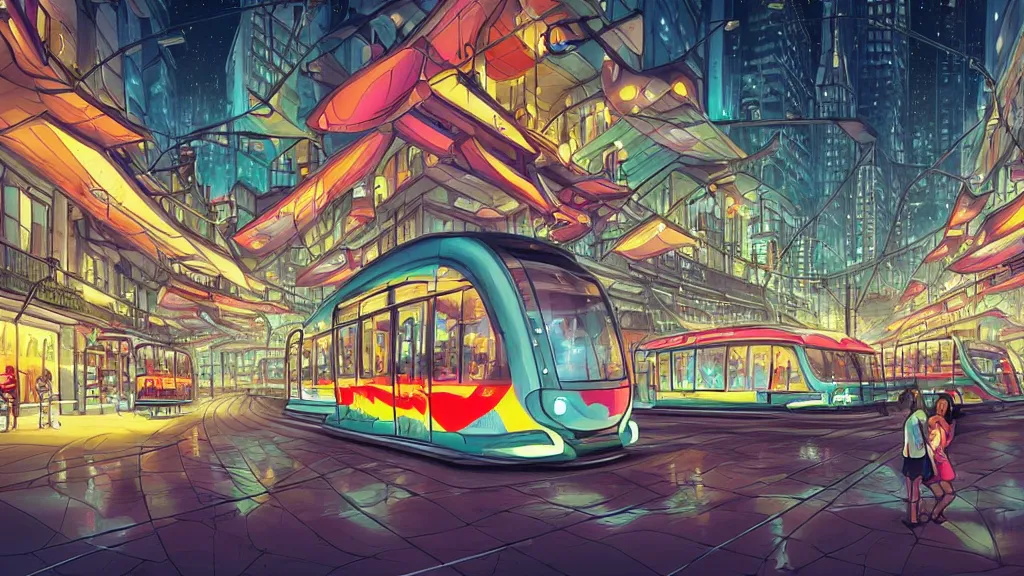 Prompt: plaza in the city at night by cyril rolando and naomi okubo and dan mumford and zaha hadid. flying cars. advertisements. neon. tram.