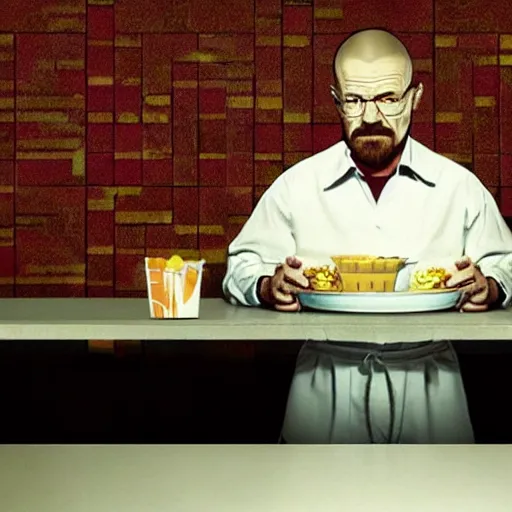 Image similar to walter white eating at mcdonald's, mcdonald's interior background, photo