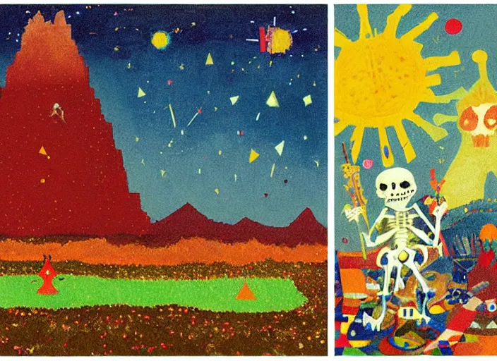 Image similar to pixel decollage painting tarot lovers card composition tower of babel road red armor maggot bear and wonky alien frog skeleton knight on a horse in a dark red cloudy night sky with golden foil jewish stars and diamonds, mountain lake and blossoming field in background, painted by Mark Rothko, Helen Frankenthaler, Danny Fox and Hilma af Klint, pixelated, neo expressionism, semi naive, pastel colors, cinematic, color field painting, cave painting, voxel, pop art look, outsider art, minimalistic. Bill Traylor painting, part by Philip Guston, Amano and Francis Bacon. art by Adrian Ghenie and Storm Thorgerson, very coherent symmetrical artwork, cinematic, hyper realism, high detail, octane render, unreal engine, Smooth gradients, depth of field, full body character drawing, extremely detailed, 8k, extreme detail, intricate detail, masterpiece