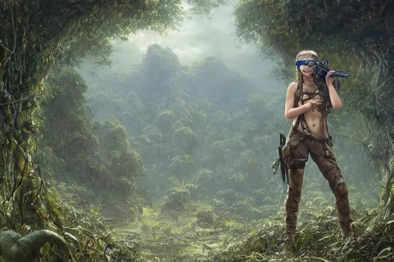 Prompt: artstation concept of a beautiful adventurous girl wearing goggles holding a machine pistol, sweaty skin, symmetrical face, high body detail, ripped up field fatigues, jungle background with ruins, vines, hyperdetailed, artstation trending, world renowned artists, worth1000.com, cgsociety, by greg rutkowski, by Gustave Doré, by Marco Turini, by Artgerm, Deviantart in the style of Tom Bagshaw, Cedric Peyravernay, Peter Mohrbacher