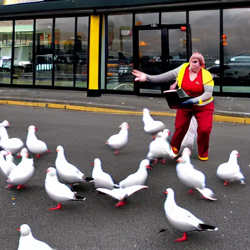 Prompt: mcdonald worker being attacked by seagulls