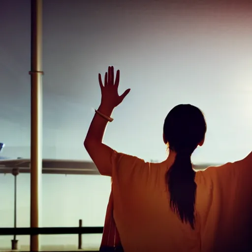 Prompt: waving goodbye to a friend at the airport, tears in our eyes, the friend stands in a distance, soft diffused light background