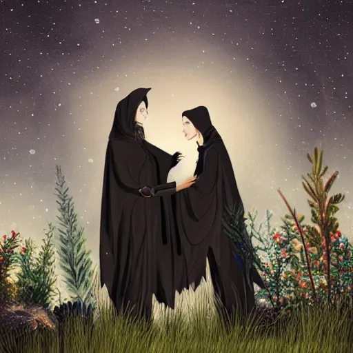 Image similar to a tall goth brunette woman in a black hooded cloak, standing beside a short butch blonde tomboy woman engineer, in a garden at night, soft and romantic, illustration, highly detailed, dark muted colors, constellations