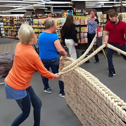 Prompt: people fighting for the best rope at the store