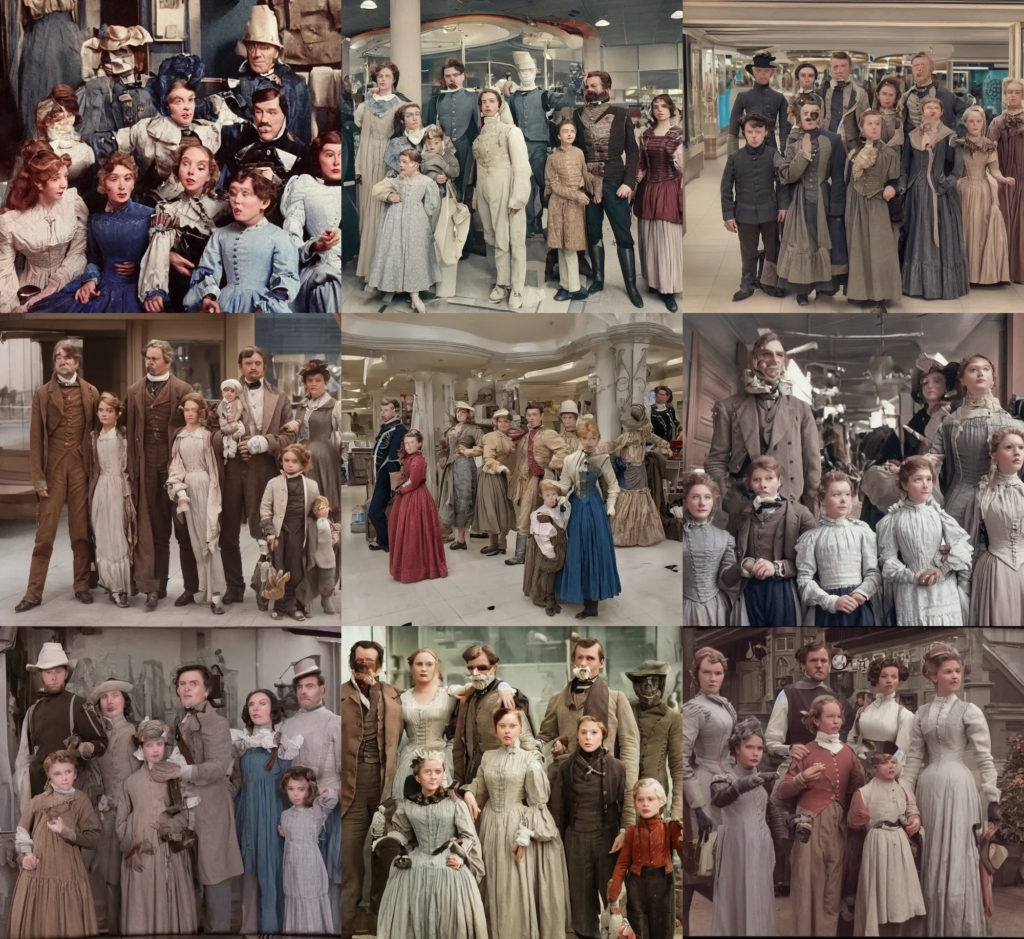 Prompt: sharp, highly detailed, 65mm film, high quality frame scan from a sci fi blockbuster color movie made in 2019, a family of four time travelers from 1860 travel in time to 2019, appearing in a shopping mall, looking surprised, the family are all wearing 1860s era clothes, good lighting, in focus, cinematic still, high quality scan, in focus, 35mm macro lens, detailed eyes, realistic faces and details, oscar winner, award winning lighting, award winning photography, ultra high definition