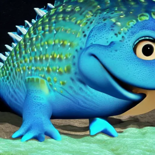 Image similar to smiling baby fish aquatic dinosaurs with glowing blue phosphorescent textures throughout their skin. rendered by pixar.