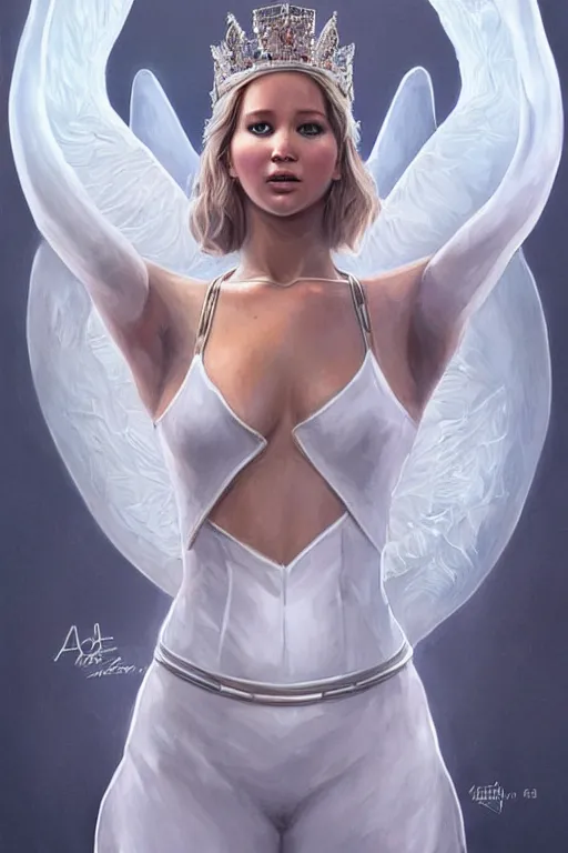 Image similar to Jennifer Lawrence as Queen wearing a White Outfit, anatomy, only two hands, highly detailed, digital painting, artstation, concept art, smooth, sharp focus, illustration, Unreal Engine 5, 8K, art by art by artgerm and greg rutkowski and edgar maxence