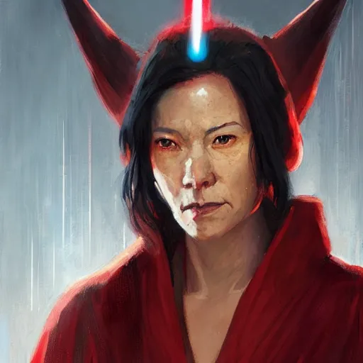 Image similar to portrait of a woman by greg rutkowski, jedi queen, half asian, black bob hair, star wars expanded universe, she is about 5 0 years old, wearing jedi red robes.