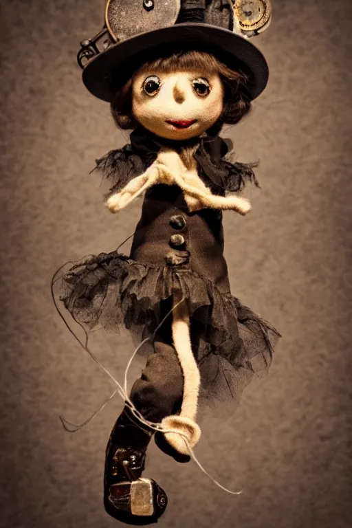 Prompt: a puppet held by string, alone stage, steampunk, sad vibe, steampunk, ballet, 8 k, detailed, ambient lighting, vintage, dark fantasy
